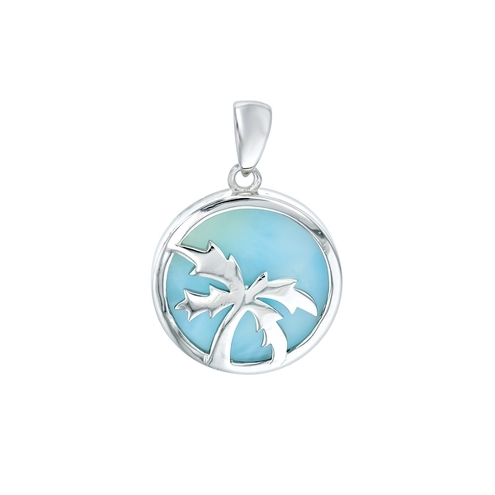 925 Sterling  Silver Larimar Palm Tree in Circle Pendant  4.4 gm